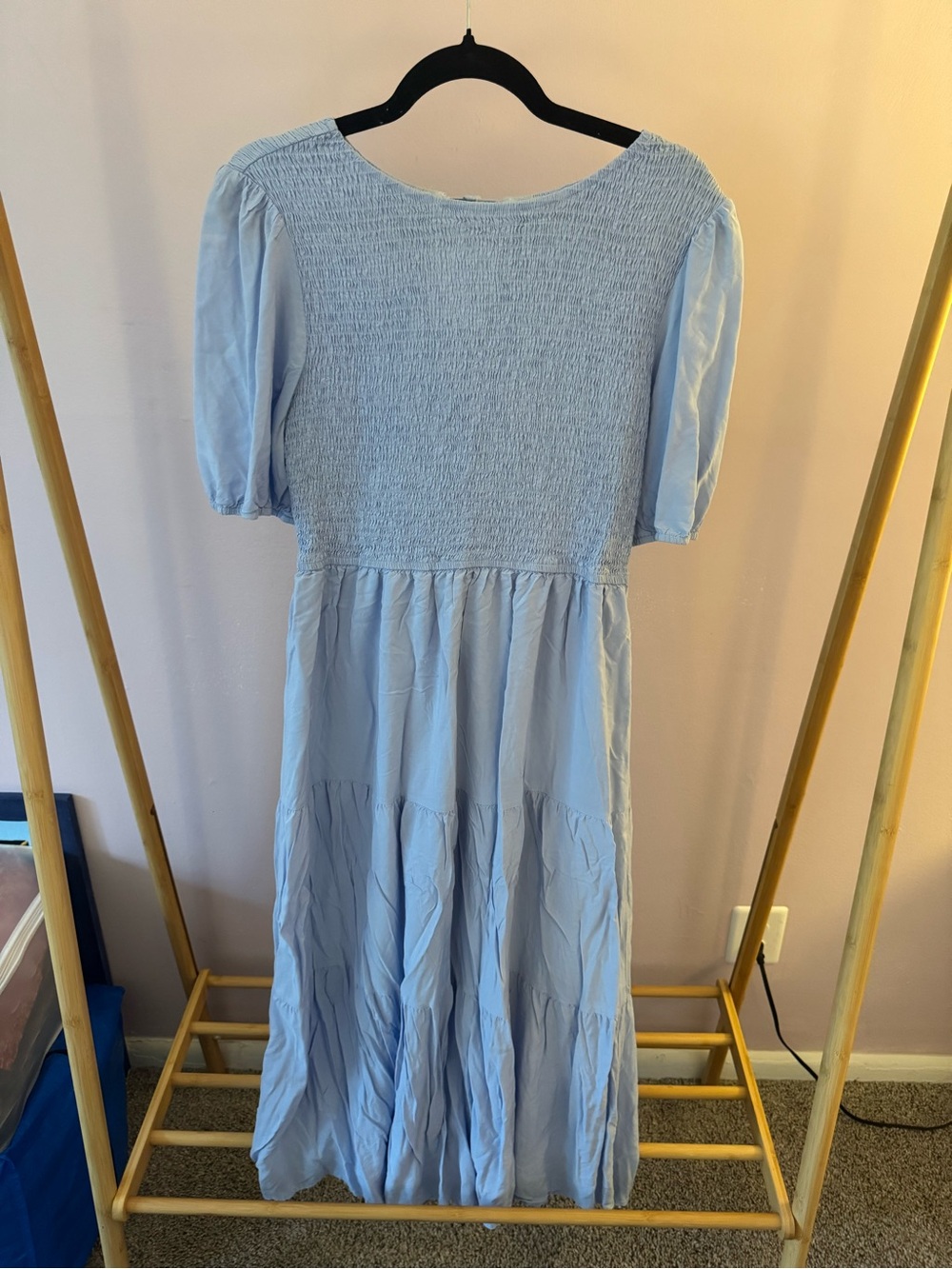 Zesica Periwinkle Smocked Bodice Midi Tiered Dress with Puff Sleeves